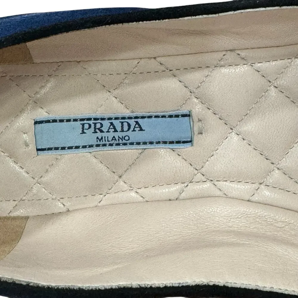 Prada Navy Suede Bow Flats Size 38 EU 8 US Quilted Leather Interior Box Dust Bag